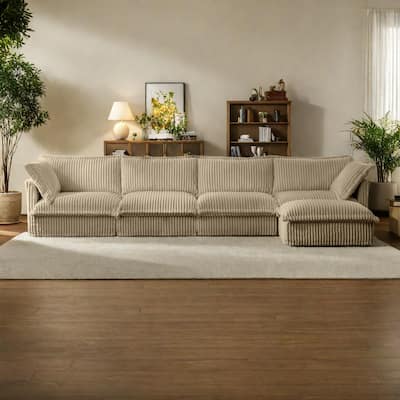 Corduroy Slipcovered L-Shaped Sectional Sofa with Deep Seats, 4-Seater Couch with Supple Armrests and 2 Big Pillows