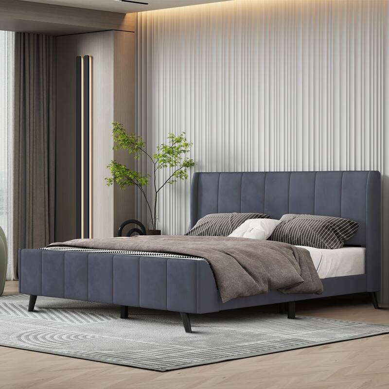 Classic Velvet Upholstered Platform Bed with Centre Support Legs