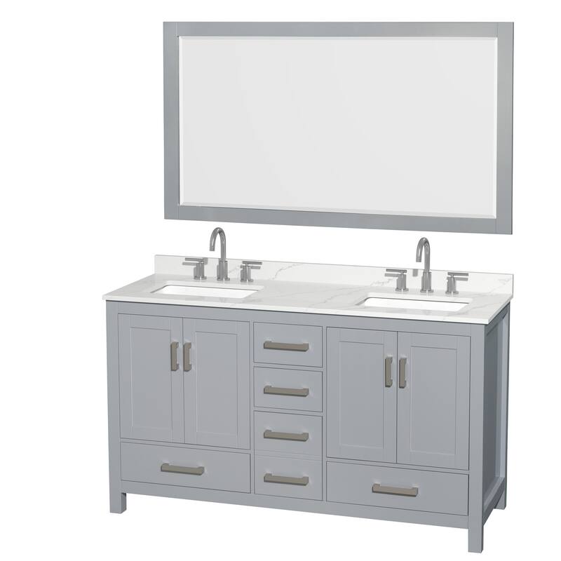 Sheffield 60-inch Double Vanity, 3 Hole Quartz Top, 58-inch Mirror - Gray, Chrome Trim, Giotto Quartz Top