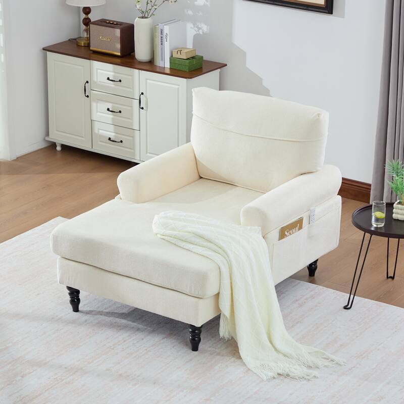 Modern Chaise Lounge Single Sofa Chair, Chenille Fabric Recliner Armchair with Side Pockets and Wooden Legs