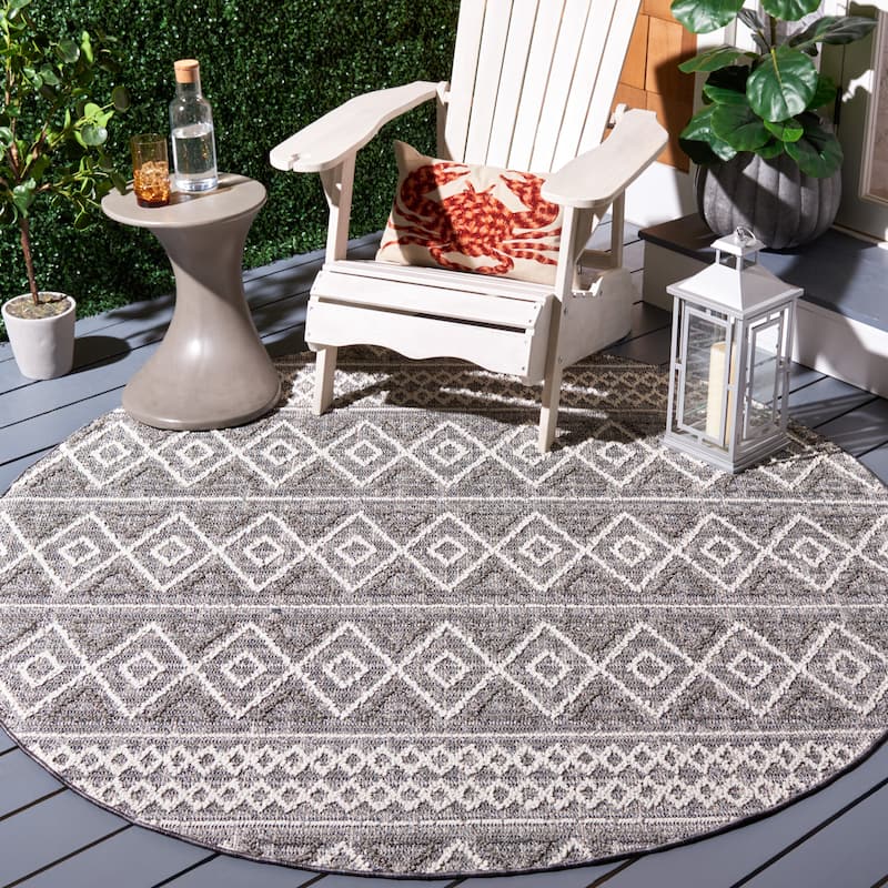 SAFAVIEH Global Ignacia Moroccan Trellis Indoor/ Outdoor Waterproof Patio - 6'7" x 6'7" Round - Grey/Ivory - Round