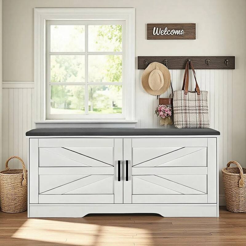 Farmhouse Shoe Storage Bench, 2 Tier Shoe Bench with Padded Seat Cushion & 2 Barn Doors& 2 Adjustable Shelves