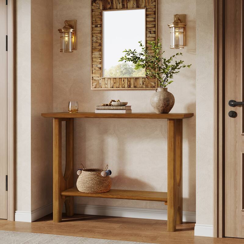 2-Tier Console Table with Shelf, Entryway Table with Solid Wood Legs