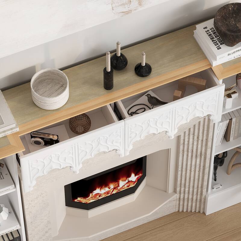 Solid Pine Wood Fireplace Mantel Cabinet with Hidden Storage – White Decorative Console