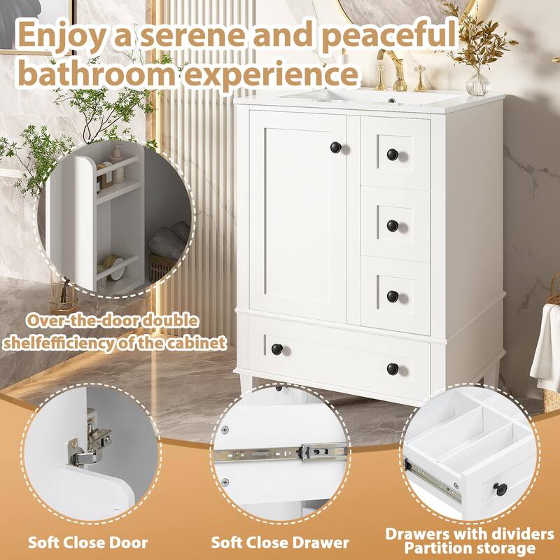 24" Bathroom Vanity with Integrated Ceramic Basin - Soft-Close Drawers, Door-Mounted Shelf