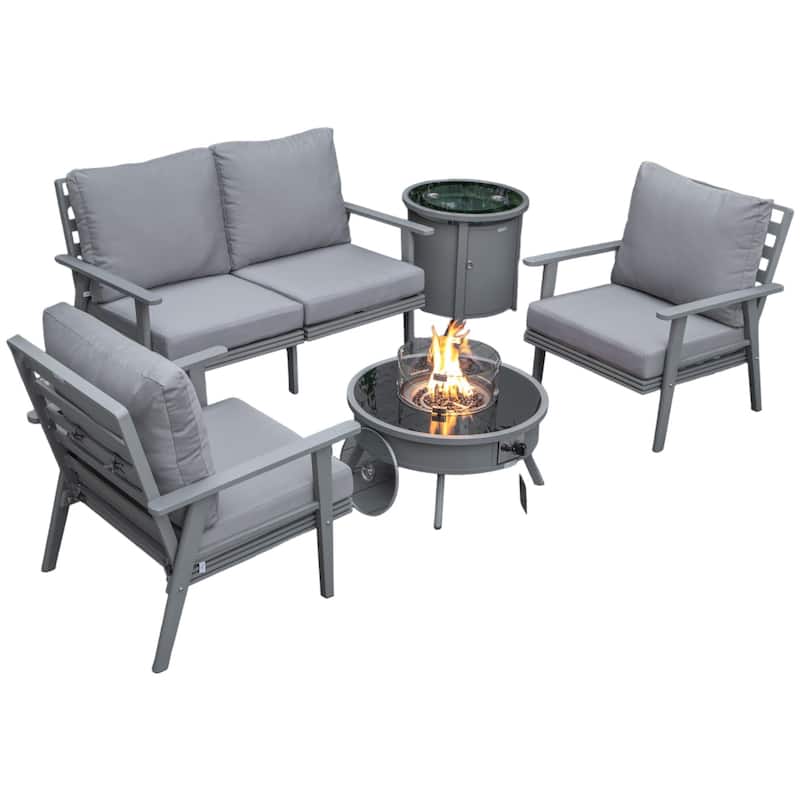 Walbrooke 5-Piece Outdoor Powder-Coated Frame Patio Furniture Set with Fire Pit Table, Tank Holder and Polyester Cushions - Grey