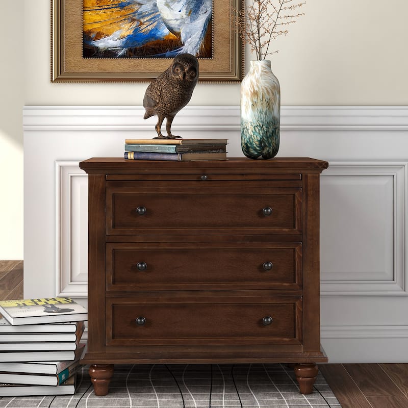 3-Drawer Storage Wood Cabinet, End Table with Pull out Tray - Brown