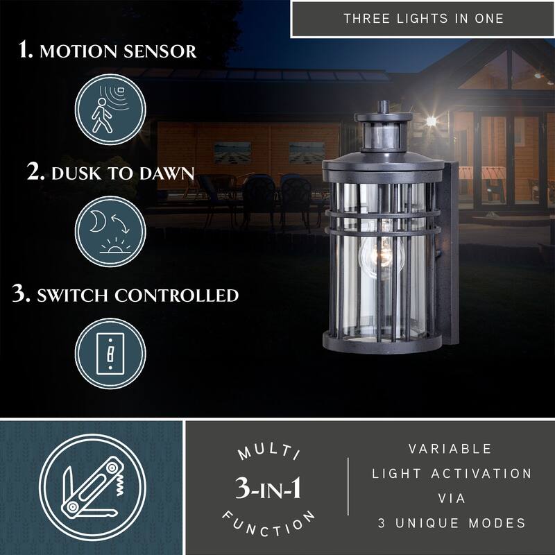 Wrightwood Black Motion Sensor Dusk to Dawn Outdoor Wall Light - 6-in W x 12-in H x 7.25-in D