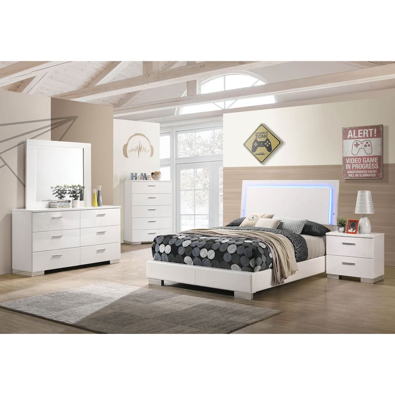 Felicity Glossy White Bedroom Set with LED Lighting - Full - 4 Piece