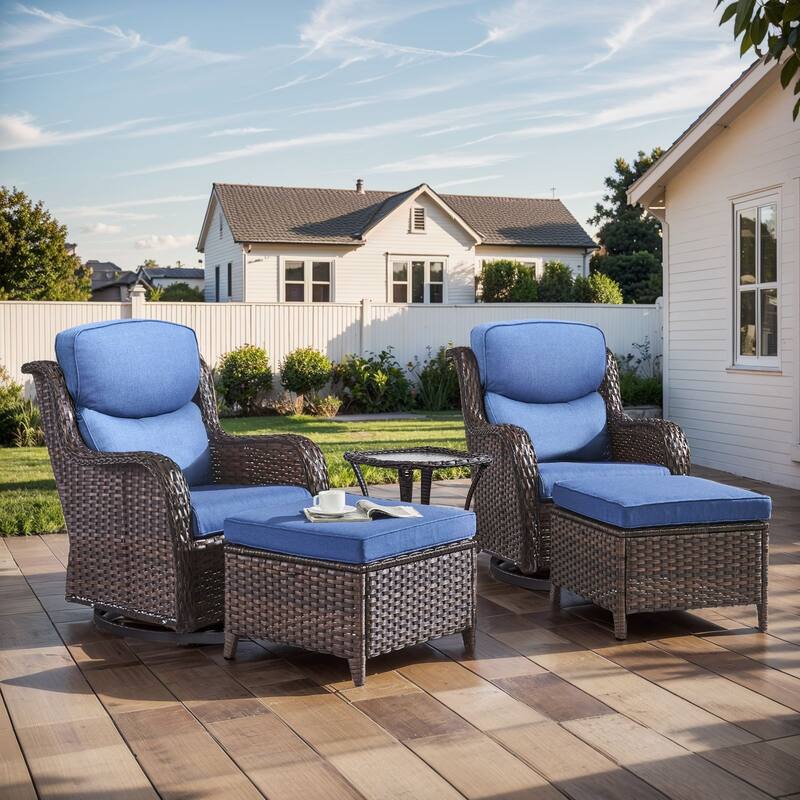 Outdoor Gliders Chairs Swivel Chair Set with 5-Inch Thick Cushions - Brown Rattan - Blue Cushion - 5PCS Swivel Chairs Table with Ottoman
