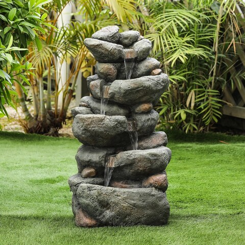 Resin 33.5in. H Cascading Rock Outdoor Fountain - 33.5" H x 17.7" W x 15.4" D - 33.5" H x 17.7" W x 15.4" D