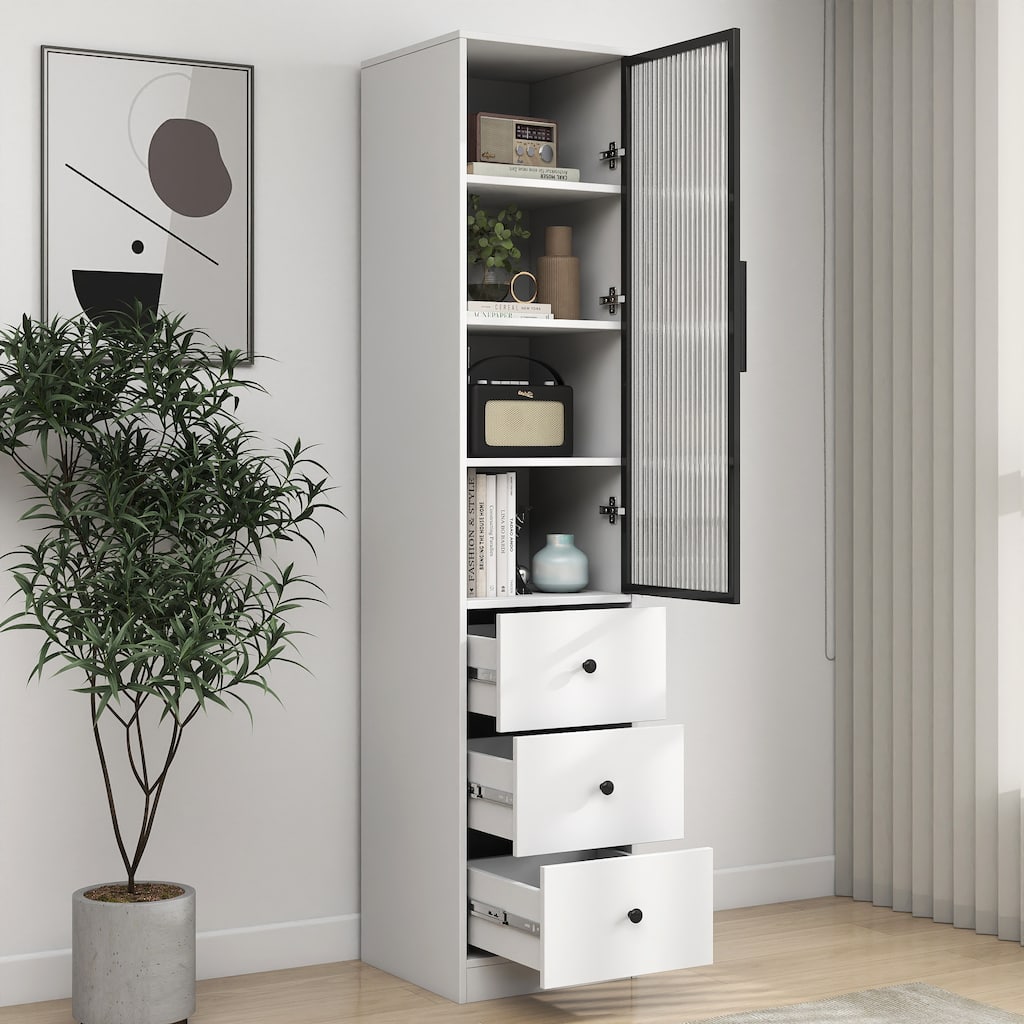 Roomfitters Elegant White Tall Storage Cabinet with 3 Drawers and Glass Door, Modern Display Organizer
