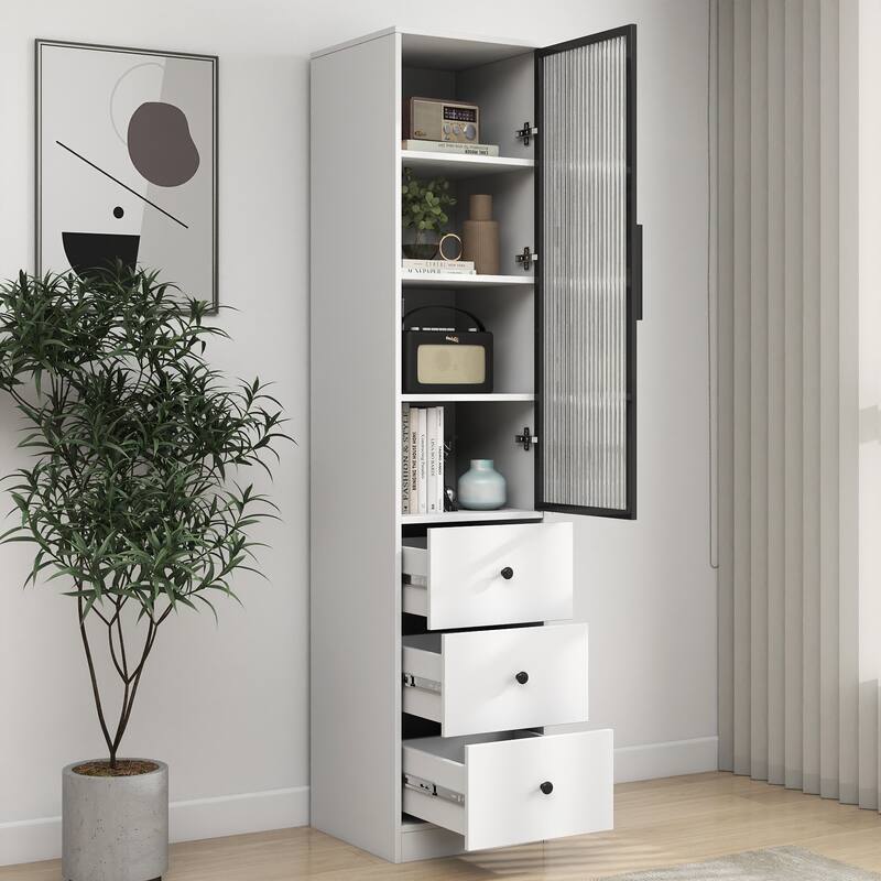 White Storage Cabinet, Modern Freestanding Narrow Bookcase with Glass Doors, Storage Drawers Wood File Cabinets for Home Office
