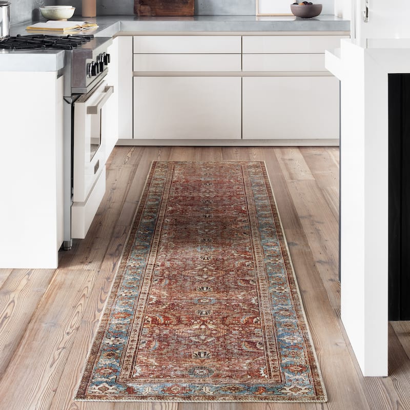 Alexander Home Isabelle Traditional Vintage Border Printed Area Rug - 2' 6" x 12' - Brick/Blue