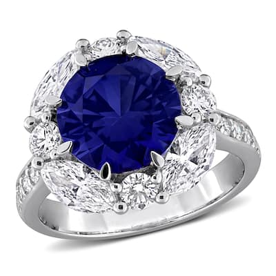 Miadora 4 3/4ct TGW Created Blue Sapphire and 2ct TW Lab-Grown Diamond Halo Ring Sterling Silver