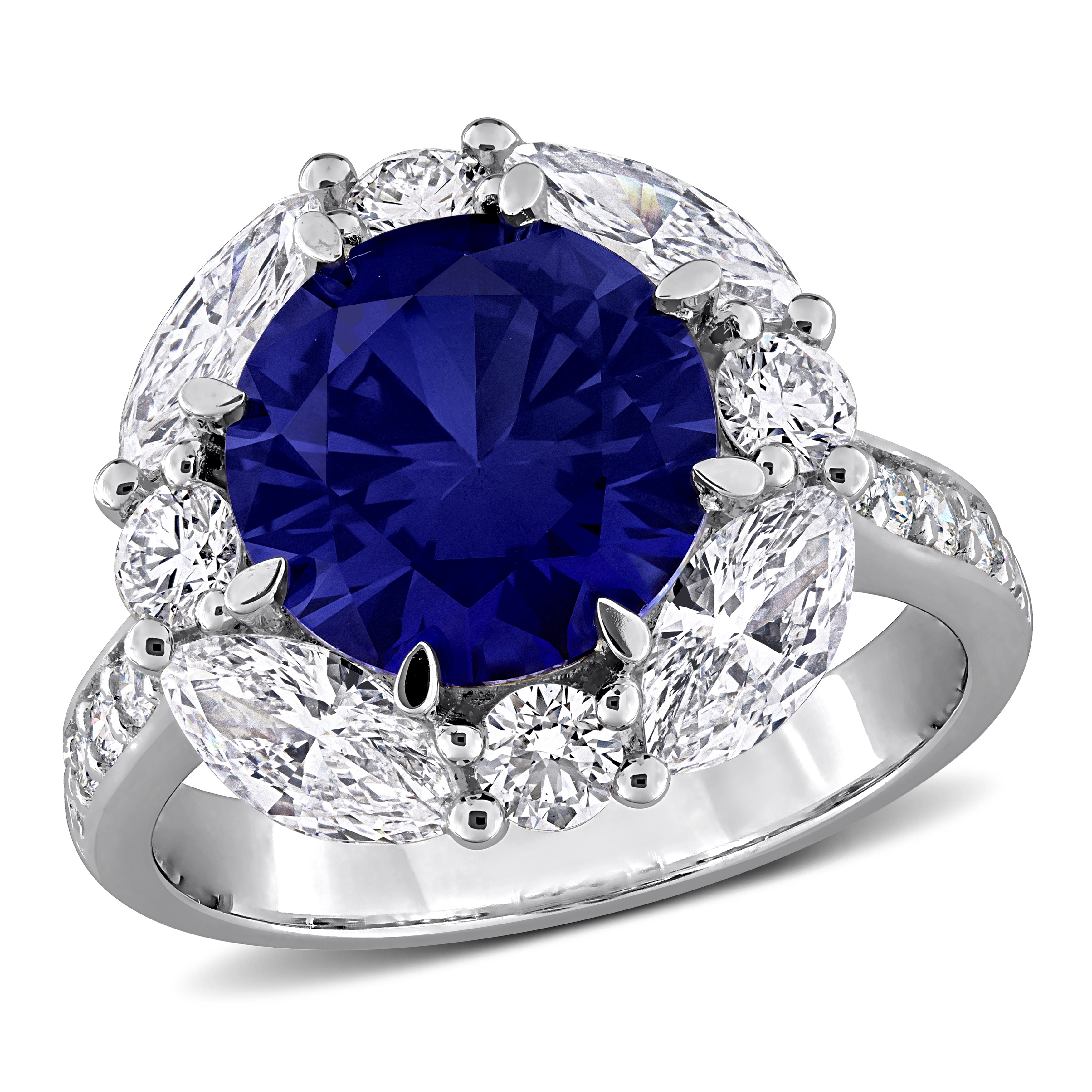 Miadora 4 3/4ct TGW Created Blue Sapphire and 2ct TW Lab-Grown Diamond Halo Ring Sterling Silver