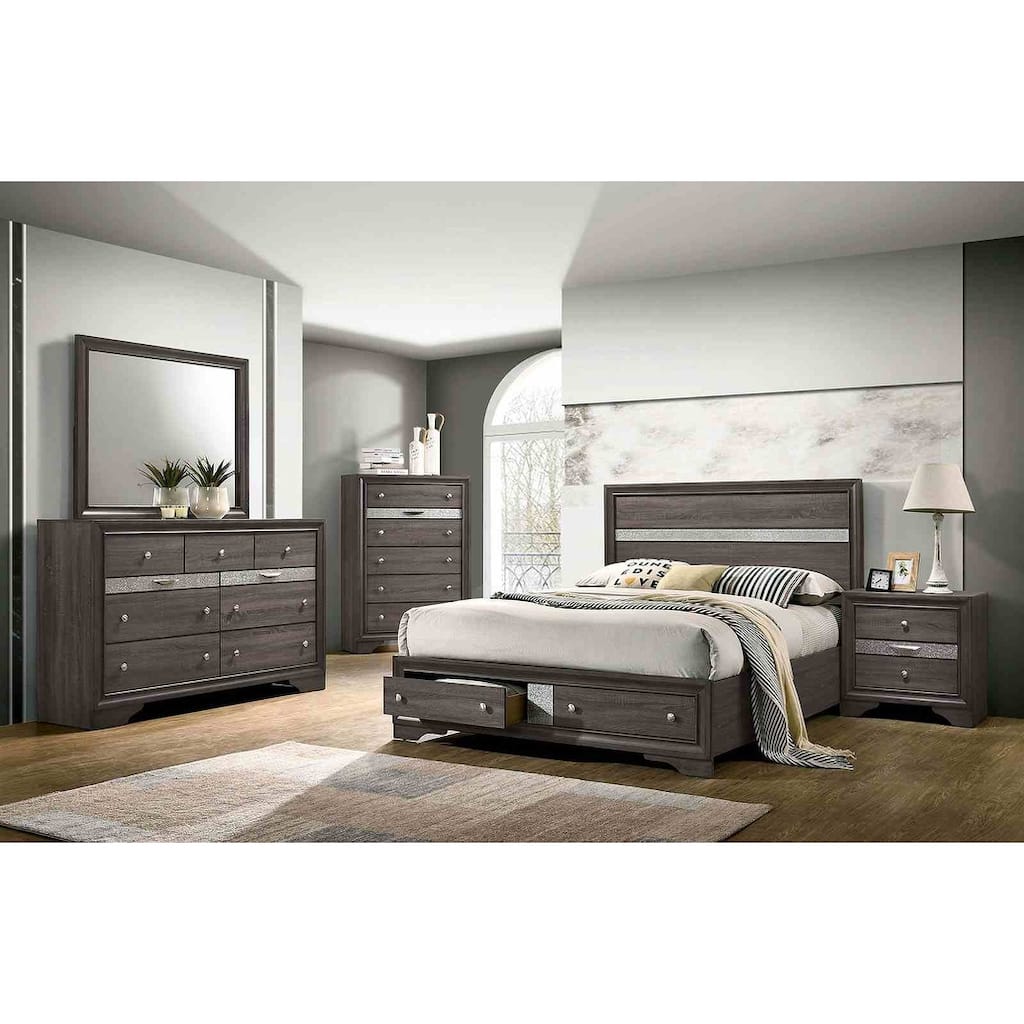 Contemporary Gray Finish Storage Bedroom Set Bed Dresser Mirror Nightstand Chest