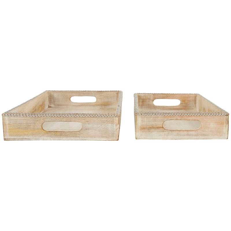 Light Brown Mango Wood Living Room Decor Tray with Silver Beaded Rim (Set of 2)