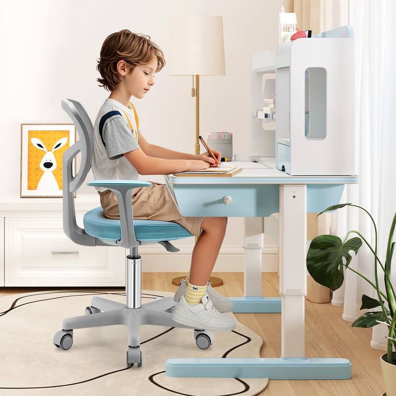 Kids Ergonomic Adjustable Height Study Chair with Swivel Seat and Mesh Backrest and Armrests