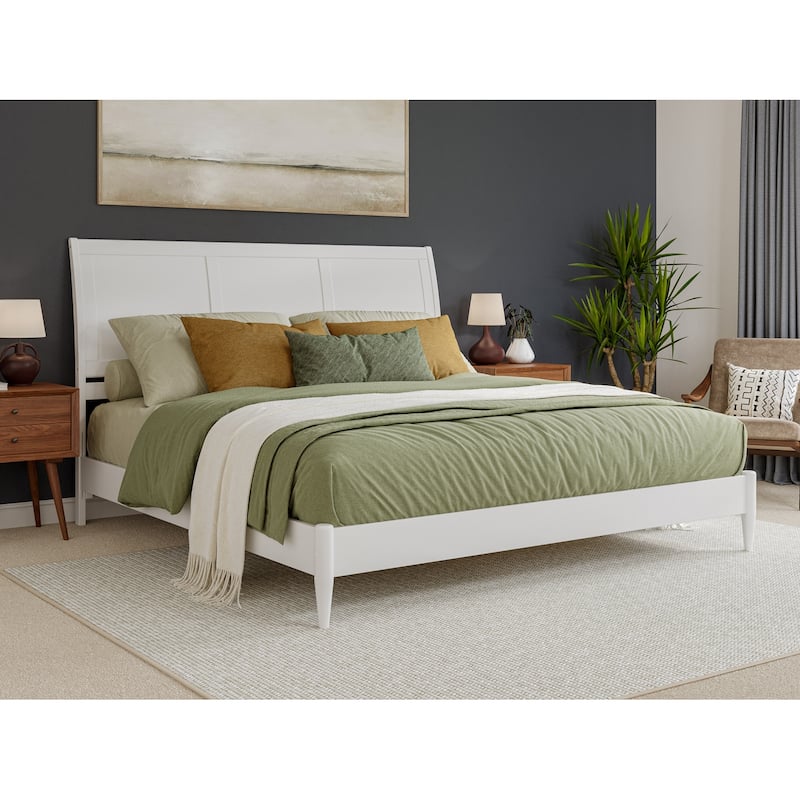 King Size Platform Bed - Solid Wood Sleigh Style Low Profile Bed Frame - White Finish