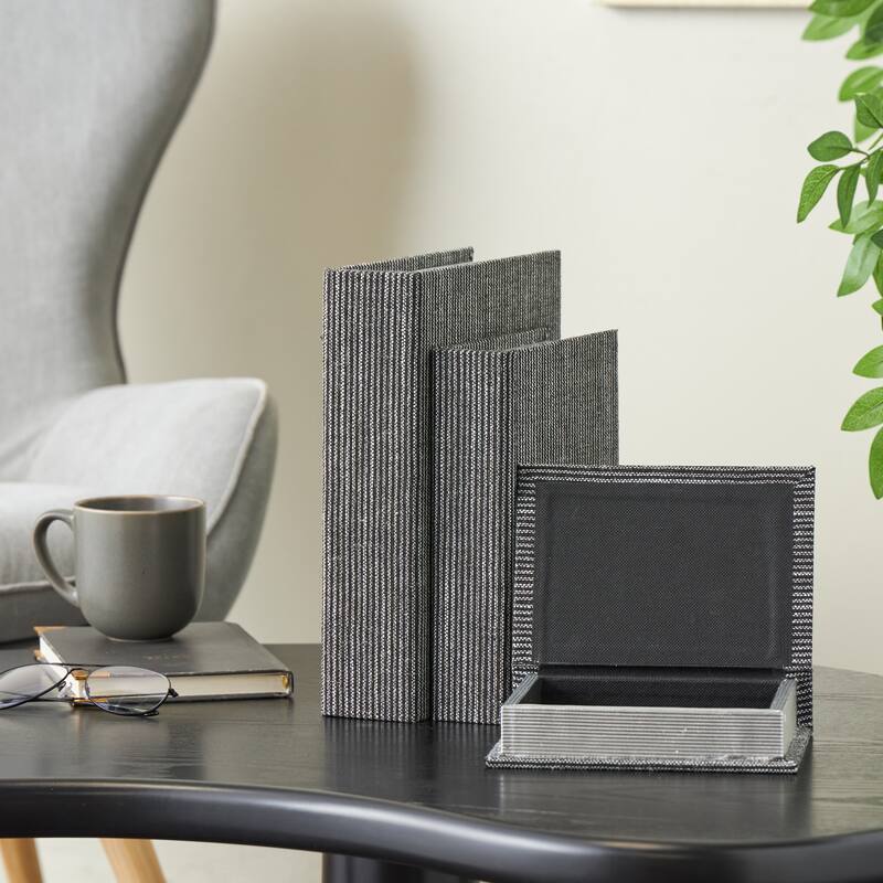 Linen Fabric Striped Faux Book Storage Box with White Accents - Set of 3 - Roche River Decor