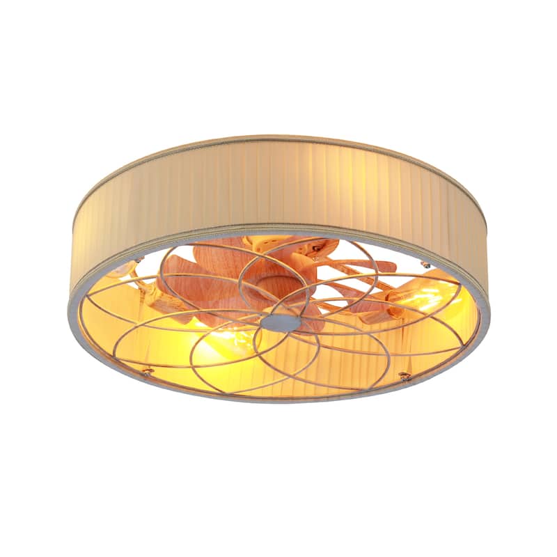 20" Farmhouse Fabric Matte White Bladeless Flush Mount Ceiling Fan With Light and Remote