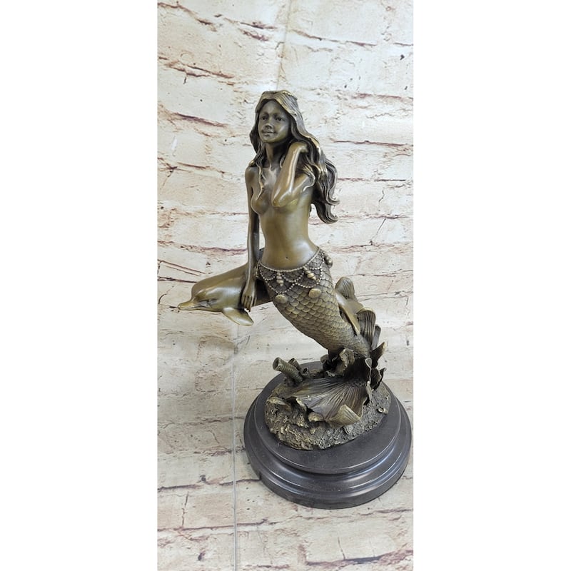 Mermaid And Imitative Dolphin Bronze Statue Sculpture Figure Original Art Marble Base 14 Inches X 9 Inches