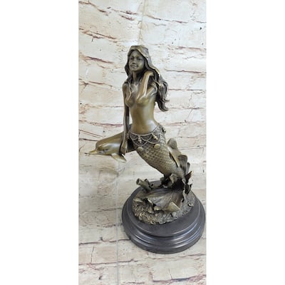 Mermaid And Imitative Dolphin Bronze Statue Sculpture Figure Original Art Marble Base 14 Inches X 9 Inches