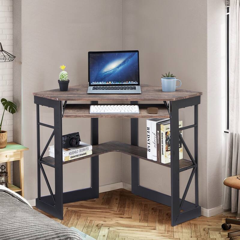 VECELO Triangular Corner Desk with Keyboard Tray Space Saving Metal Computer Desk for Home Office Study Bedroom