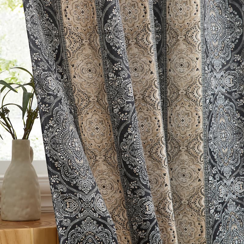 HLC.ME William Boho Damask Striped Window Back Tab Rod Pocket Curtains - Light Blocking Darkening Panels, Set of 2