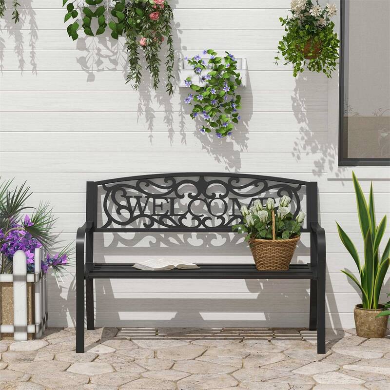 Outdoor Garden Bench with Welcome Design Heavy Duty Tubular Steel Patio Seat for Yard Porch and Park