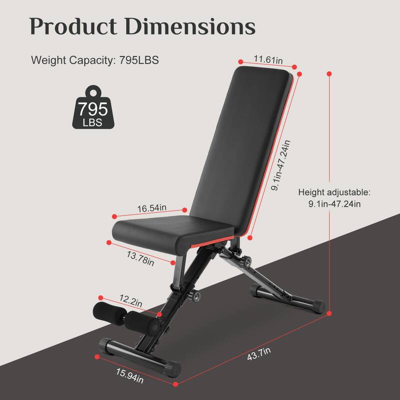 Heavy Duty Adjustable Workout Bench - 795lb Capacity, Folding Exercise Bench for Home Gym