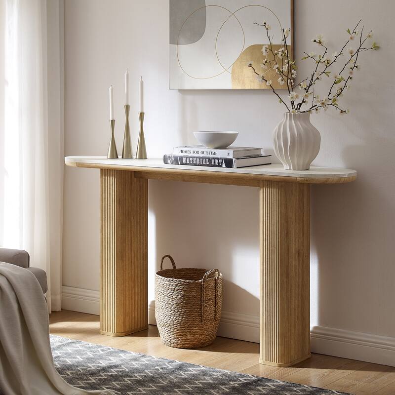 63" Modern Console Table, Entryway Table, Sofa Table with Fluted Bases - Oak