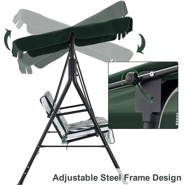 slide 2 of 13, MCombo 3-Person Outdoor Porch Canopy Swing Patio Hanging Swing with Steel Stand, UV Protection Convertible Canopy, 4008 Green with Beige Plaid