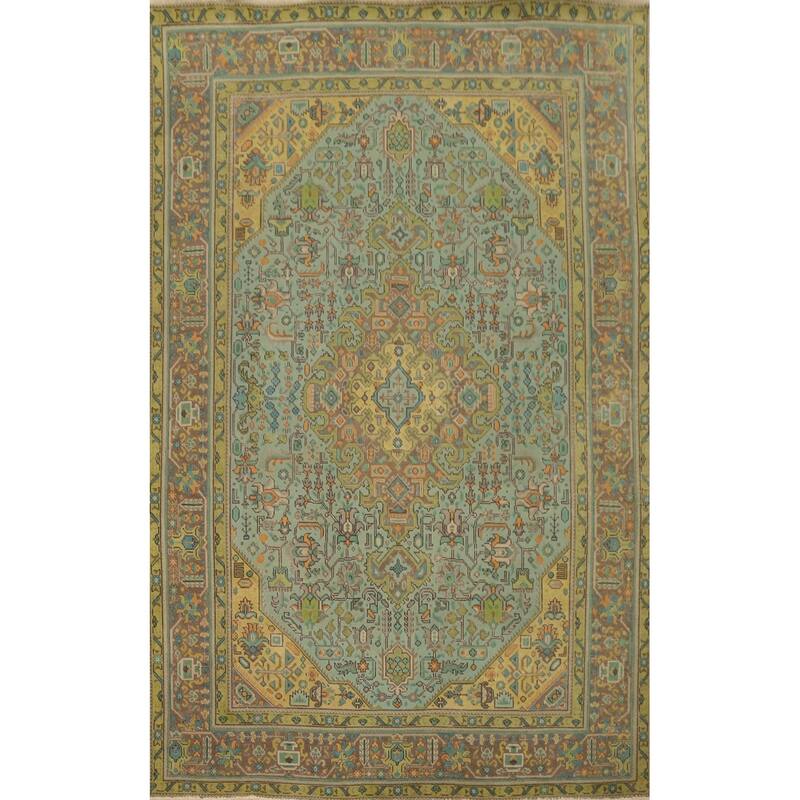 Hand Knotted Oriental 100% Wool Carpet Traditional Floral Navy Blue & Blues Tabriz Area Rug - 9' 6'' X 6' 6''
