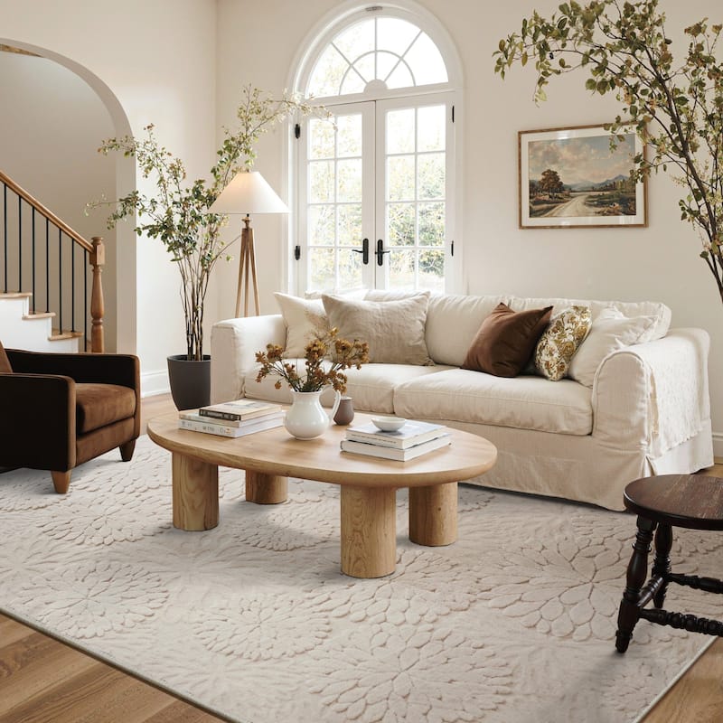 Mcow 3D Floral High-Low Textured Plush Washable Non-Slip Area Rug - Beige - 6' x 9'