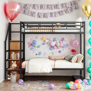 Twin Over Twin Metal Bunk Bed with Lateral Storage Ladder & Wardrobe,Simple Yet Contemporary Bunk Bed,Black