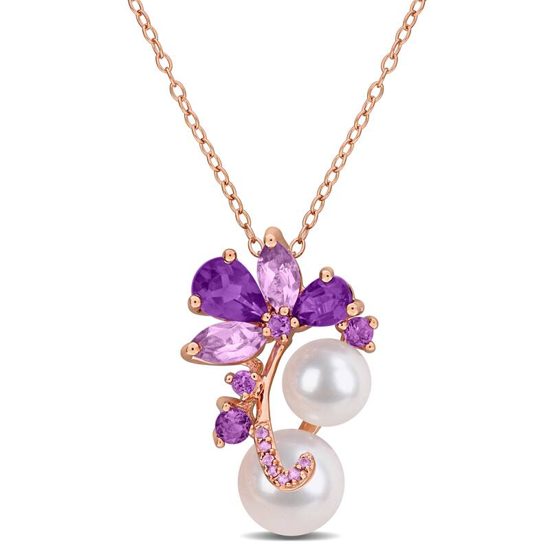 Miadora Cultured Freshwater Pearl 2ct TGW African Amethyst Rose de France Necklace in Rose Plated Sterling Silver