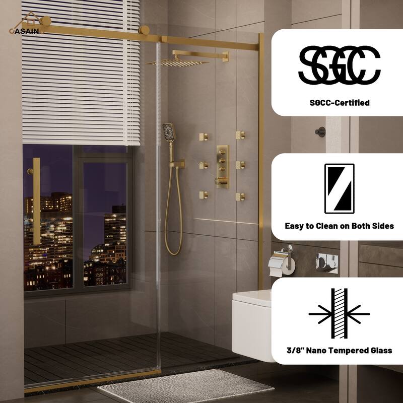 CASAINC 60 in. W x 76 in. H Sliding Frameless Shower Door with SGCC Certification