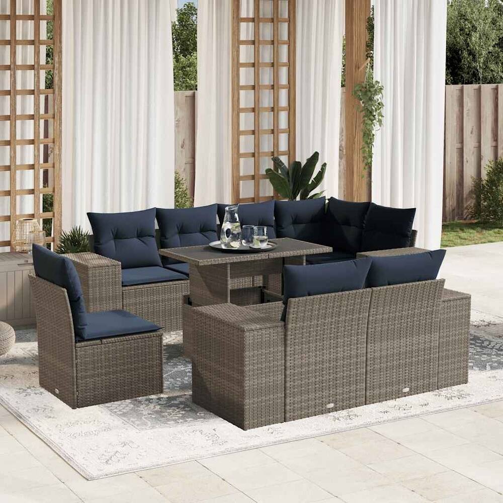 vidaXL Patio Sofa Set with Cushions Table and Couches 9 Piece Poly Rattan