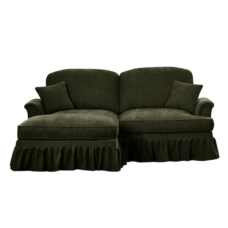 76.4" L Shaped 2-Seat Sectional Sofa, Chenille Couch with Ottoman, Flared Arms Loveseat with Removable Ruffles Pleats Skirts - Green
