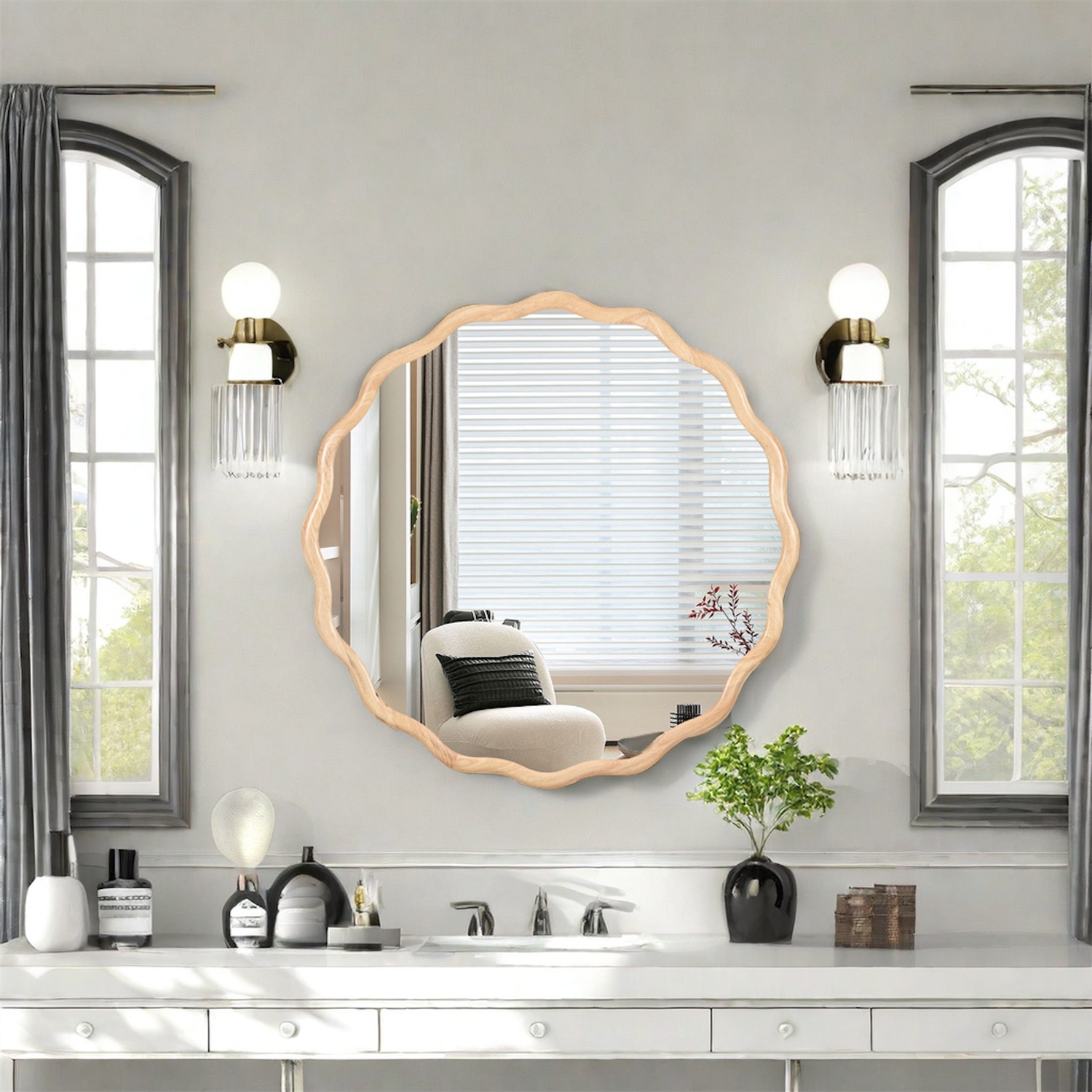 優待特典一覧 Vanity Mirror-Natural-Wood Wavy Wood Solid Mirror Decor Wall インテリア雑貨
