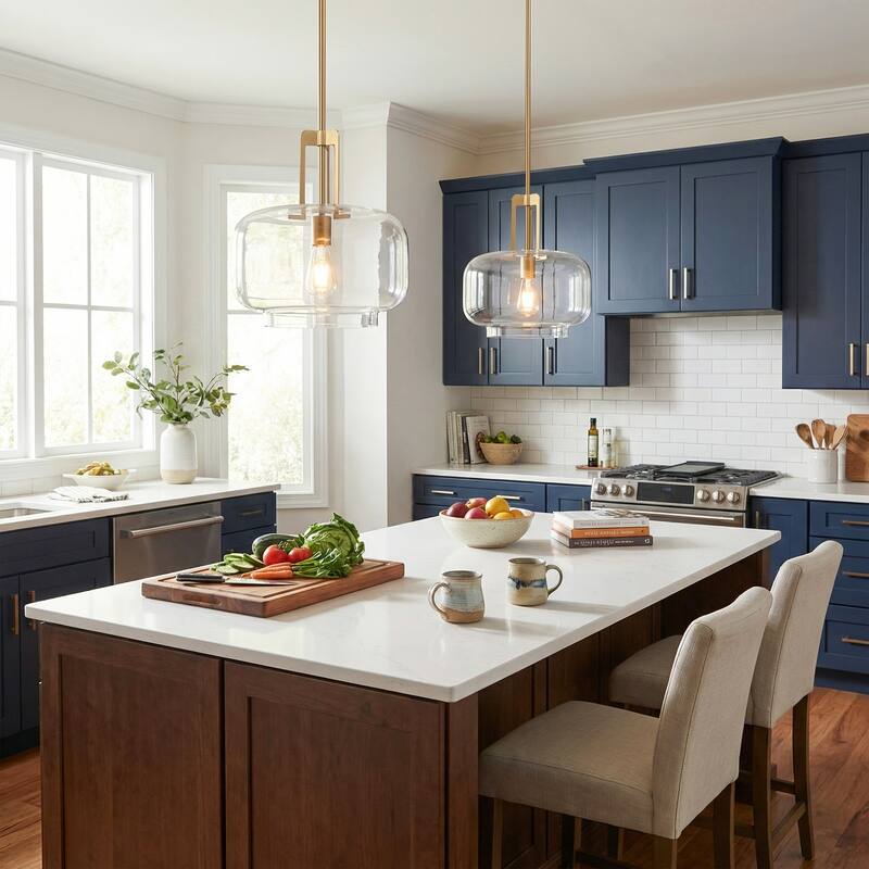 15" Modern Brushed Gold Drum Clear Glass 1-Light Adjustable Pendant Hanging Light - N/A