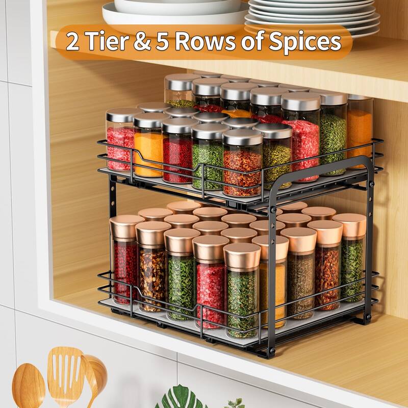 Spice Organization for Cabinet,2 Tier Pull out Spice Rack Organizer,Slide out Heavy Duty Metal Shelf Rack