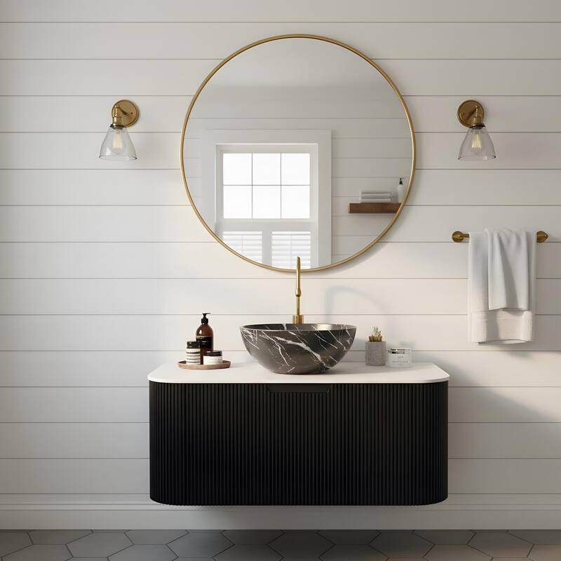 Wall Mounted Bathroom Vanity with Black Bowl Ceramic Basin - 36 - Black