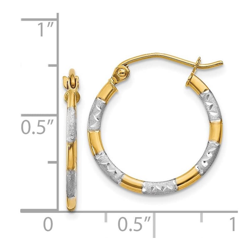 Curata 14k Yellow Gold Satin and Rhodium Sparkle Cut 1.5x19mm Hoop Earrings