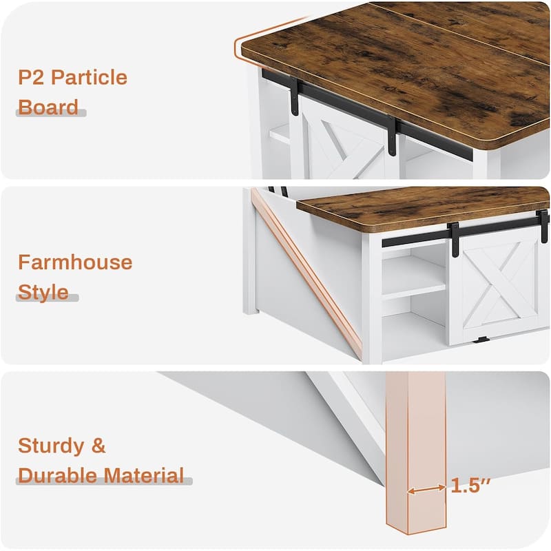 Coffee Table Lift Top Square Center Table Barn Door Adjustable Shelves