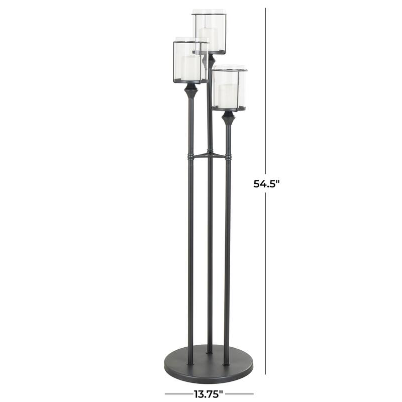 Metal Tall Floor Hurricane Lamp with 3 Posts and Round Base - Black - Roche River Decor - 14"W x 14"L x 55"H