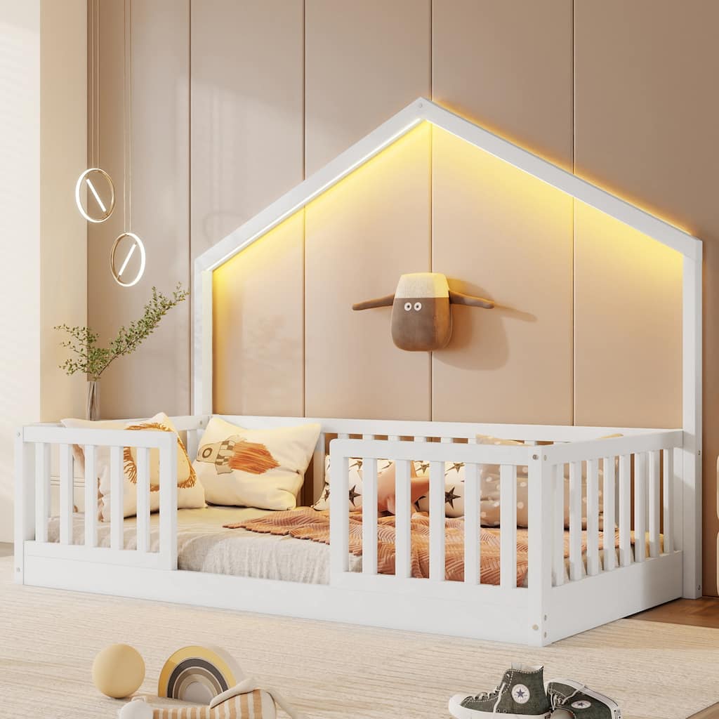 Twin / Full Montessori Floor Bed with High Rails & LED Light for Kids