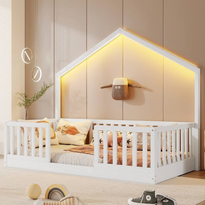 Wooden Floor Bed House-shaped Frame, Montessori Floor Bed with Light and High Rails, Wood Slat Support Floor Daybed